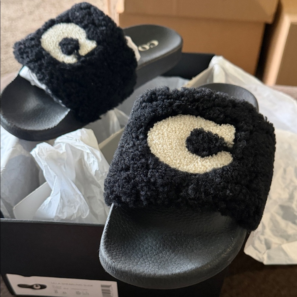 Coach Black Slide Sandals with Cream Logo Patch